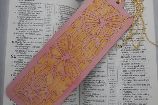 Handmade Paper Bookmarks - Pink Butterfly Wood Large